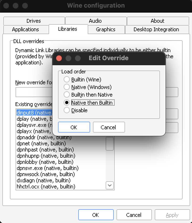 Picture of the Wine Configuration, with dinput8 now using the "Native then Builtin" option